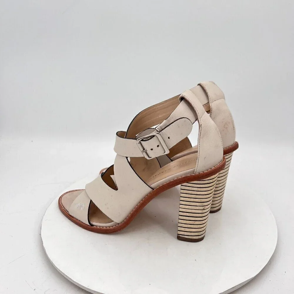 Loeffler Randall Women Size 10B Cream Beige Leather Peep Toe Buckle Heel Sandal